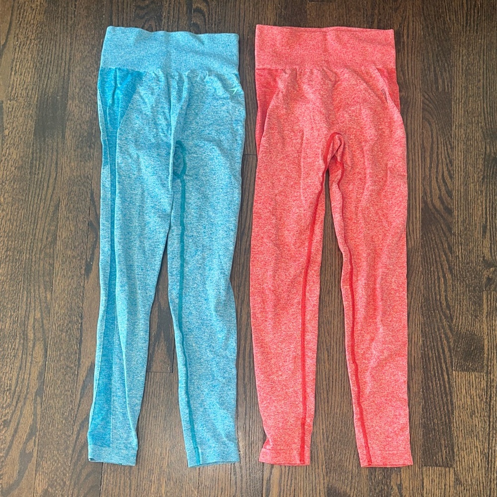 2 PAIRS: Gymshark Seamless Leggings Heathered Blue and Red Stretch High Rise S